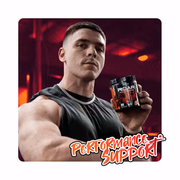 Muscular man holding a tub of ROAR Ferocious Pre-Workout with the text Performance Support
