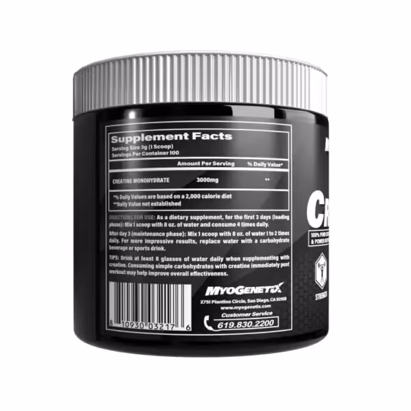 Supplement Facts: 3000mg Creatine Monohydrate per 3g scoop, 100 servings. Directions for loading and maintenance phases