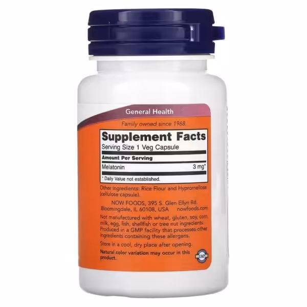 Supplement Facts: Melatonin 3 mg per 1 veg capsule. Other ingredients: rice flour and hypromellose