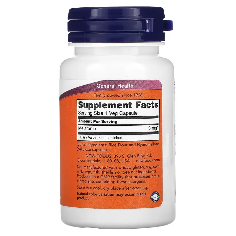 NOW Foods, Melatonin, 3 mg, 60 Veg Capsules - Image 2