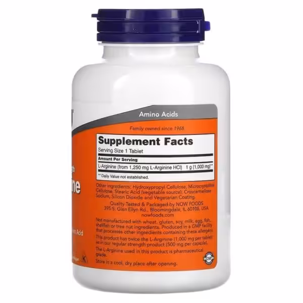 Supplement Facts for L-Arginine: Serving size 1 tablet provides 1,000 mg of L-Arginine from 1,250 mg L-Arginine HCl