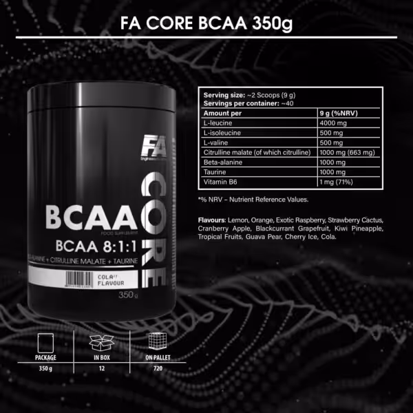 FA CORE BCAA 350g supplement facts including 8:1:1 BCAA ratio, ingredients per serving, and list of flavors