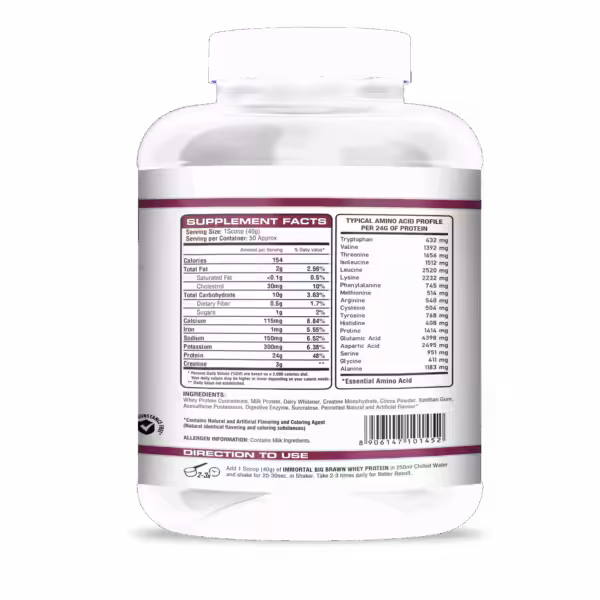 Supplement facts for whey protein: 154 calories, 24g protein, and 3g creatine per 40g serving. Includes amino acid profile