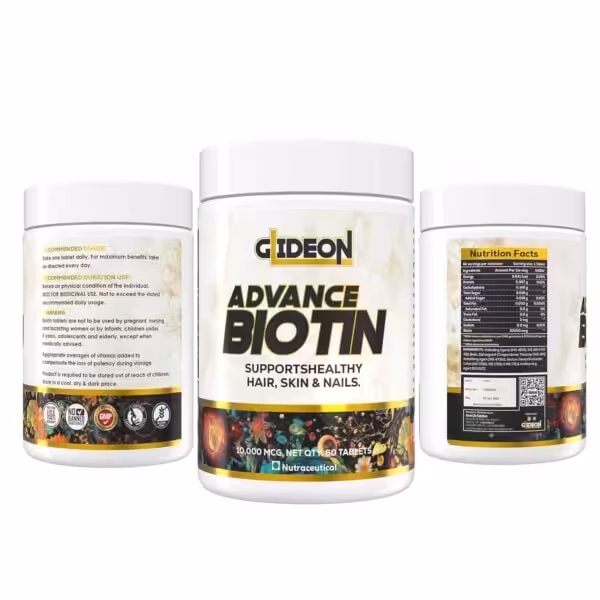Gideon Advance Biotin 10,000 mcg supplement bottle showing front label, usage instructions, and nutrition facts