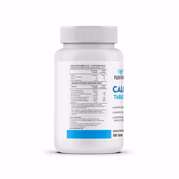Supplement facts label for Flex Fuel Calcium Tablets listing ingredients, nutritional information, and recommended usage
