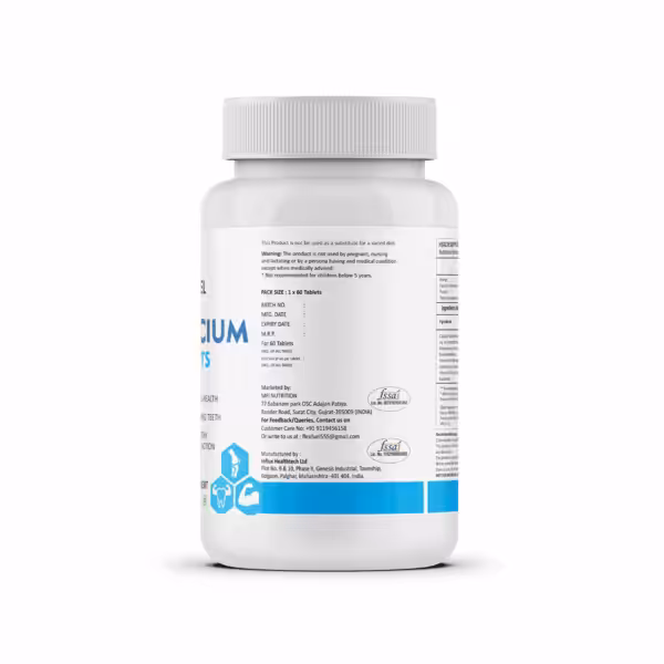 Back label of a supplement bottle showing manufacturer information, product warnings, and FSSAI logos