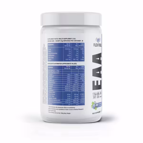 Flex Fuel EAA Blueberry supplement facts label showing nutritional information, amino acid profile, and 30 servings