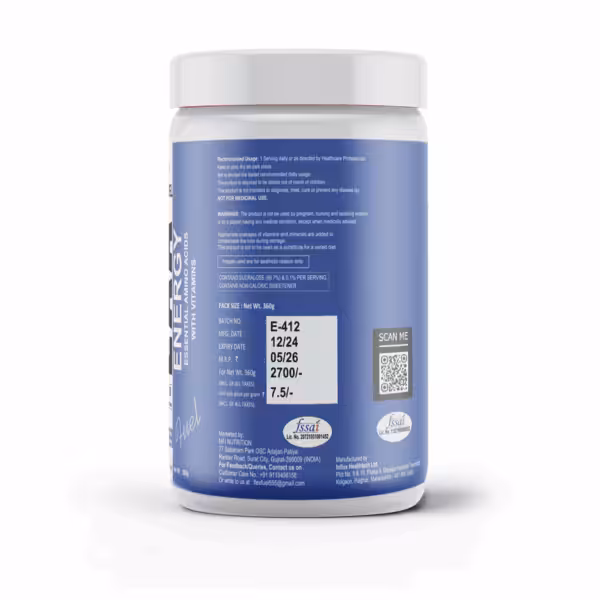 Back label of Energy Essential Amino Acids supplement with usage instructions, warnings, and batch information