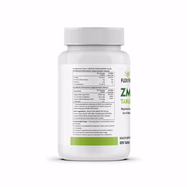 Flex Fuel ZMA Tablets supplement facts: 1350mg Magnesium, 13.2mg Zinc, and 1.9mg Vitamin B6 per 2-tablet serving