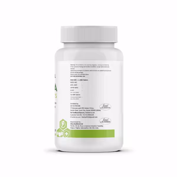 Back label of a supplement bottle showing warnings, storage instructions, 60 tablet pack size, and manufacturer details
