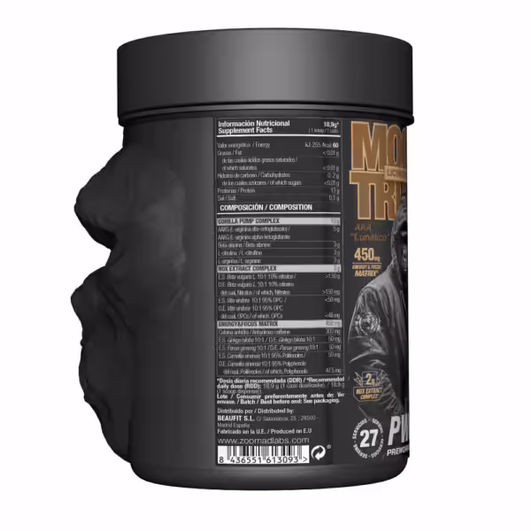 Supplement facts for Moonstruck II pre-workout, listing 13g Gorilla Pump Complex and 450mg Energy & Focus Matrix