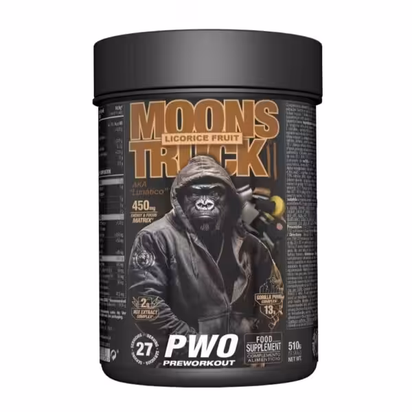 Moonstruck PWO Preworkout supplement in Licorice Fruit flavor, 510g container featuring a gorilla in a hoodie