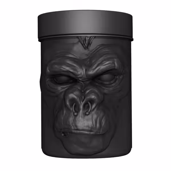 Black cylindrical container featuring a 3D-sculpted gorilla face with a septum ring and lip piercing