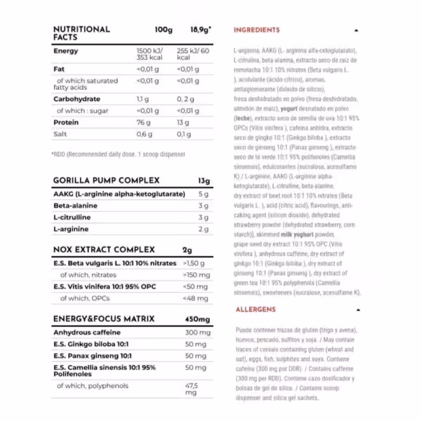 Nutritional facts, ingredients, and allergen information for a supplement including Gorilla Pump, NOX Extract, and Energy & Focus complexes