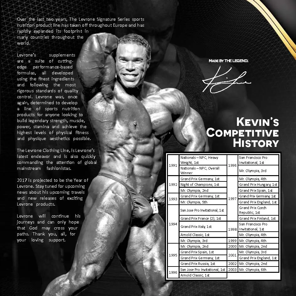 Kevin Levrone's competitive history from 1991 to 2003 and information about his supplement and clothing lines