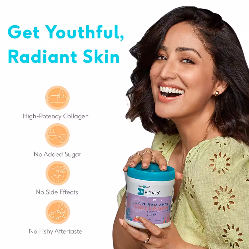 A woman holding HK VITALS Skin Radiance Collagen. Text: Get Youthful, Radiant Skin. Features: High-Potency Collagen, No Added Sugar, No Side Effects, No Fishy Aftertaste