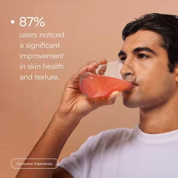 87% users noticed a significant improvement in skin health and texture. A man drinks a pink beverage
