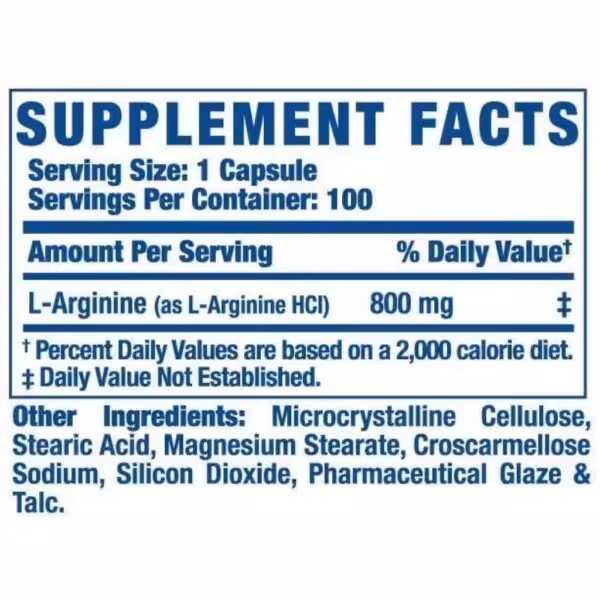Supplement Facts: 800 mg L-Arginine per 1 capsule serving. 100 servings per container