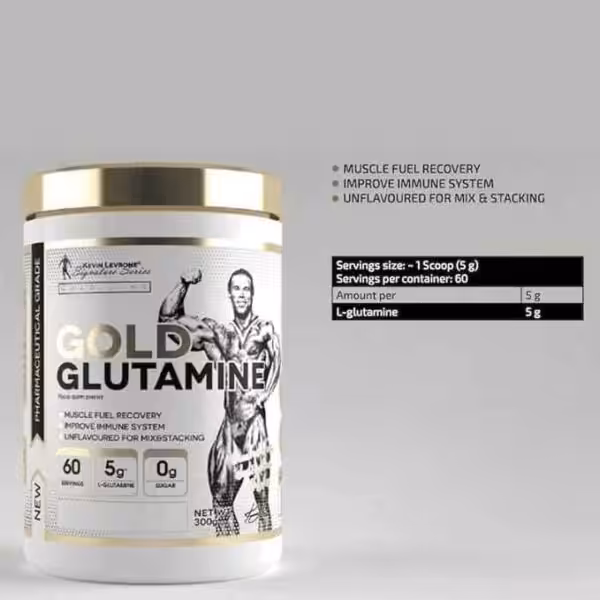 Kevin Levrone Gold Glutamine: 60 servings, 5g L-glutamine per scoop, 0g sugar. Muscle recovery and immune support