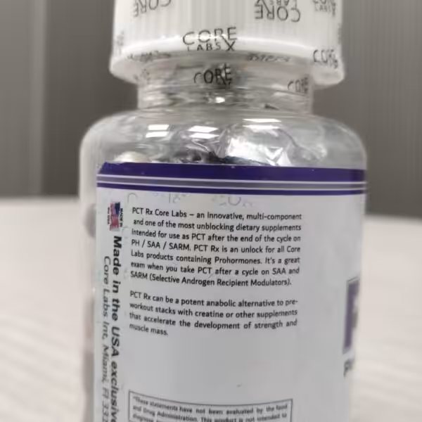 Label of PCT Rx Core Labs supplement bottle, describing its use as post-cycle therapy for PH, SAA, and SARM