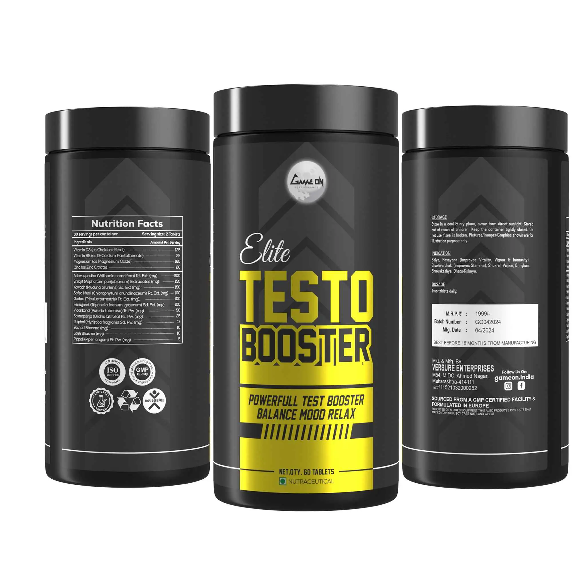 Elite Testo Booster supplement bottle showing front label, nutrition facts, and dosage instructions