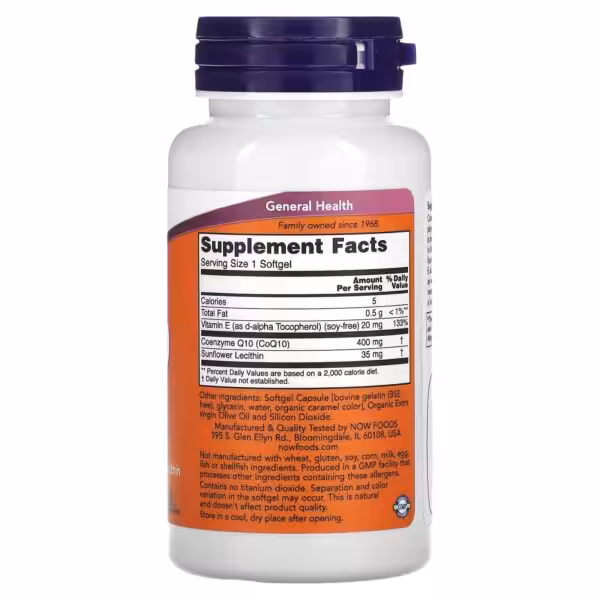 Supplement Facts for NOW CoQ10 400 mg: 1 softgel contains 400 mg CoQ10, 20 mg Vitamin E, and 35 mg Sunflower Lecithin