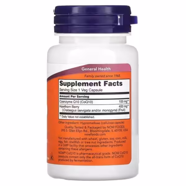 Supplement Facts: 1 veg capsule serving contains 100 mg Coenzyme Q10 and 400 mg Hawthorn Berry