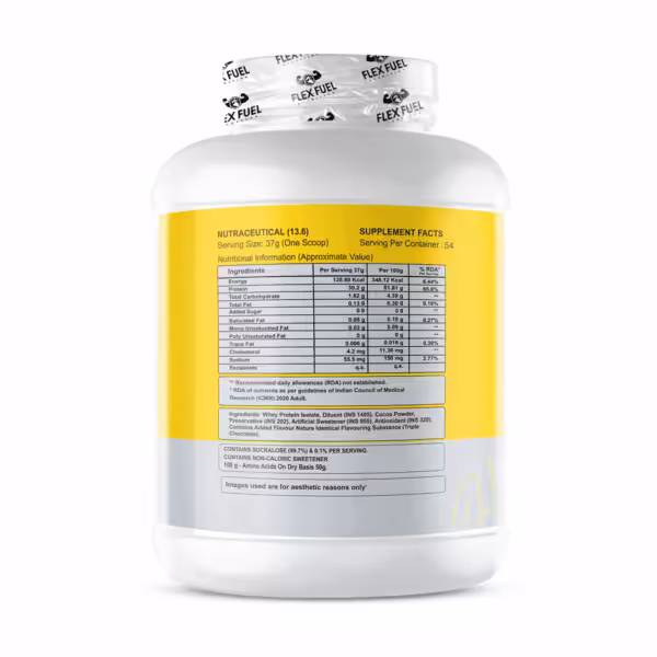 Supplement facts for Flex Fuel Nutrition: 30.2g protein and 128.8 kcal per 37g serving. 54 servings per container