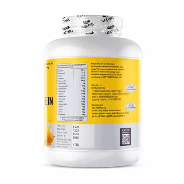 Back label of Flex Fuel protein powder showing amino acid profile, manufacturing details, and expiry date