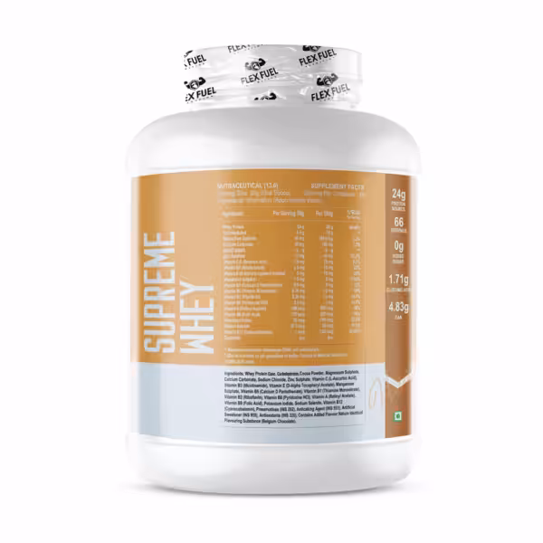 Flex Fuel Supreme Whey: 24g protein, 66 servings, 0g added sugar, 1.71g glutamic acid, and 4.83g EAA per serving