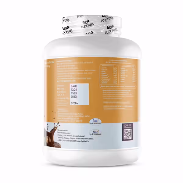 Back label of protein tub showing nutritional facts, amino acid profile, usage instructions, and manufacturing details
