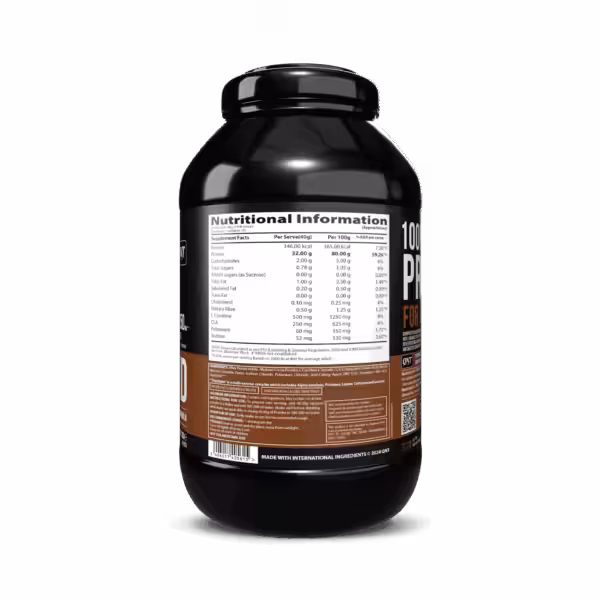 Back label of QNT 100% protein powder showing nutritional information: 32g protein, 146 kcal, 2g carbs per 40g serving
