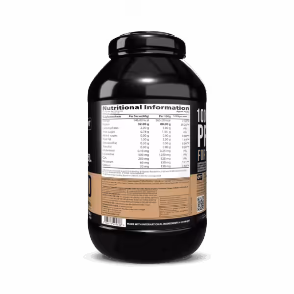 Back of QNT protein powder container showing nutritional information label with 32g protein per 40g serving
