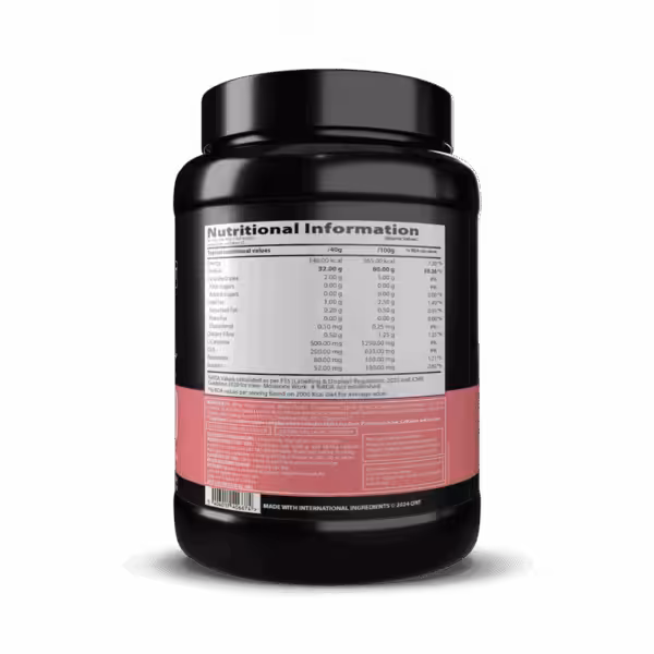 Nutritional information label for a protein supplement showing 32g protein and 146 kcal per 40g serving