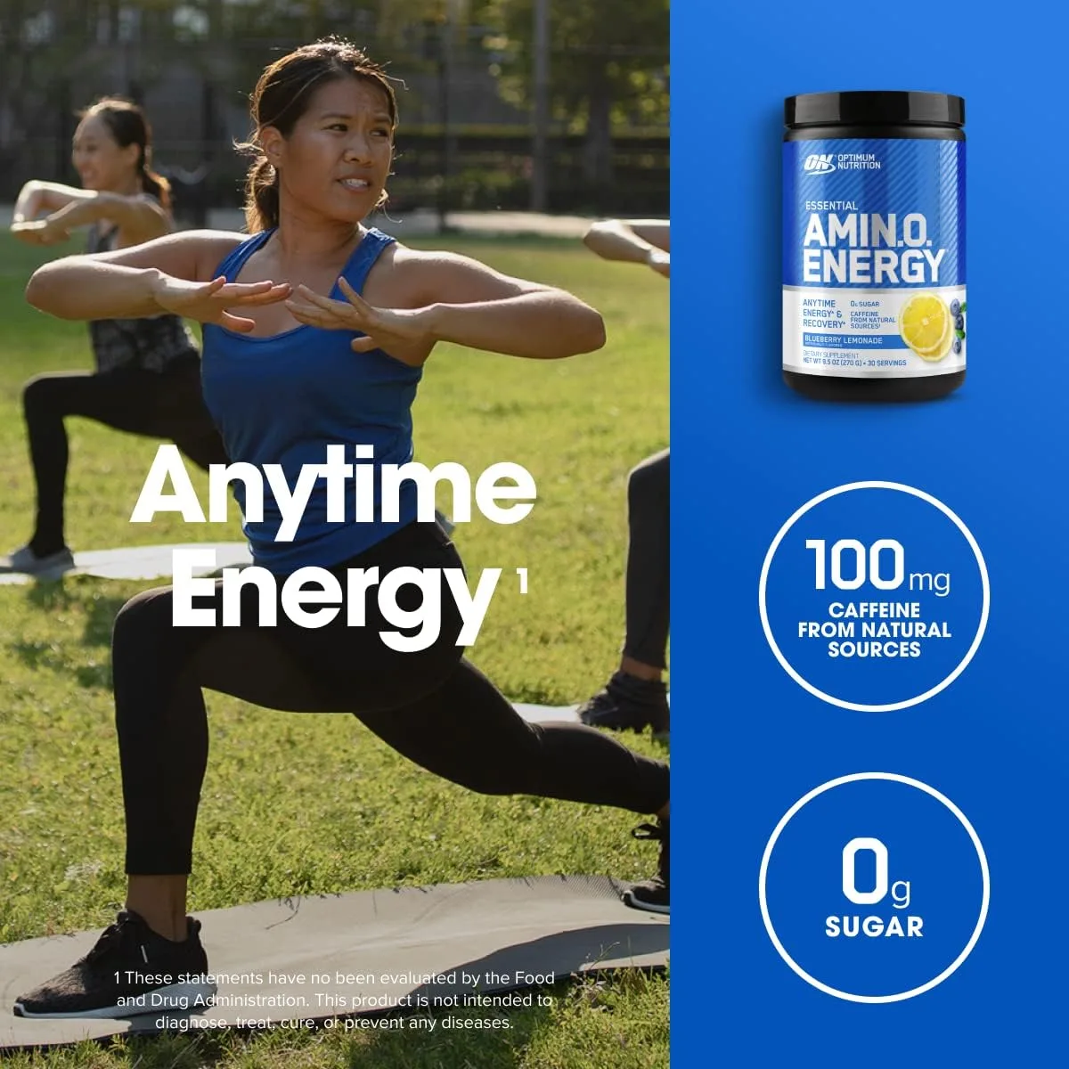 Optimum Nutrition Essential Amino Energy Blueberry Lemonade powder, 30 servings, 100mg caffeine from natural sources, 0g sugar, shown with women exercising outdoors