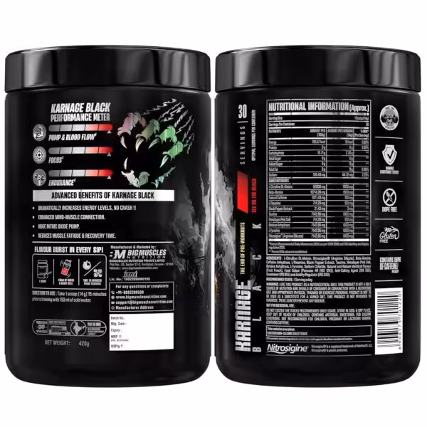 Front and back labels of Karnage Black pre-workout showing nutritional facts, ingredients, and performance benefits