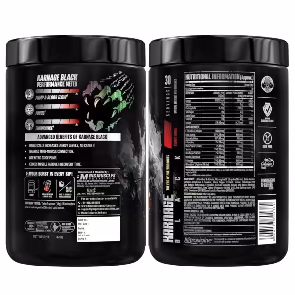 Karnage Black pre-workout supplement label showing nutritional facts, ingredients, and performance benefits