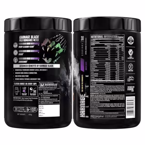 Labels for Karnage Black pre-workout supplement, detailing benefits, usage, and full nutritional information