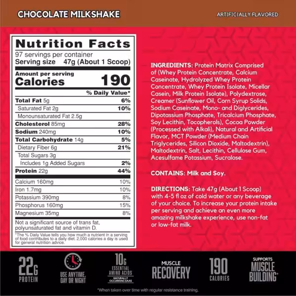 Nutrition Facts for Chocolate Milkshake: 190 calories, 22g protein, 5g fat, 14g carbs. Contains milk and soy