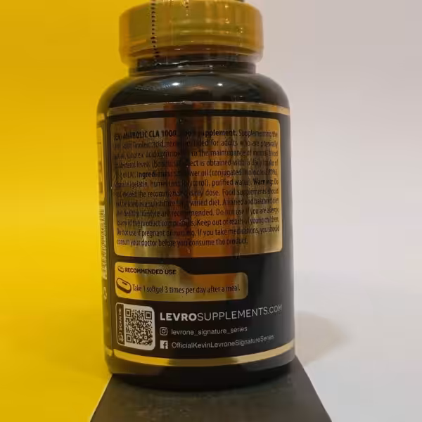 Anabolic CLA 1000 supplement label with ingredients, warnings, and recommended use: 1 softgel 3 times daily after a meal