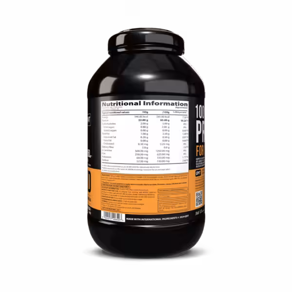 Nutritional information label on a black tub of QNT protein powder, listing ingredients and dietary facts