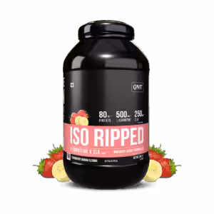 QNT ISO RIPPED Strawberry Banana flavor protein powder, 80% protein, 500mg L-Carnitine, and 250mg CLA
