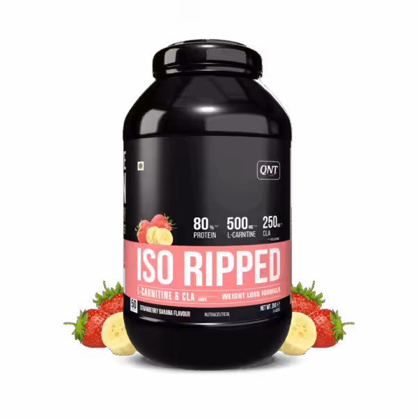 QNT ISO RIPPED Strawberry Banana flavor protein powder, 80% protein, 500mg L-Carnitine, and 250mg CLA
