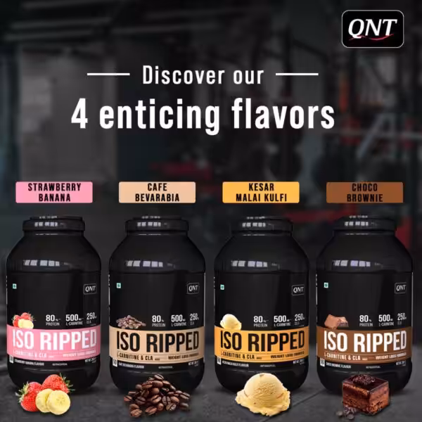 Discover our 4 enticing flavors of QNT ISO RIPPED: Strawberry Banana, Cafe Bevarabia, Kesar Malai Kulfi, and Choco Brownie