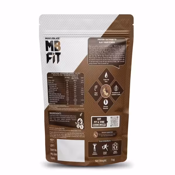 Back of MuscleBlaze MB FIT High Protein Oats pack with nutritional facts, ingredients, and product highlights