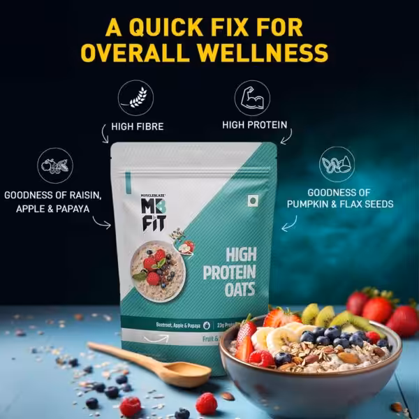 MuscleBlaze MB Fit High Protein Oats: high protein (23g) and fiber with raisin, apple, papaya, pumpkin, and flax seeds