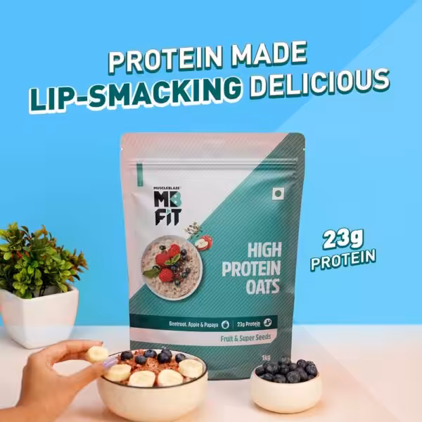 MuscleBlaze MB FIT High Protein Oats with 23g protein. Text: Protein made lip-smacking delicious