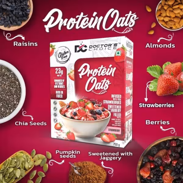 Doctor's Choice Protein Oats: 23g protein, gluten-free, high fiber, sweetened with jaggery, and infused with real strawberries