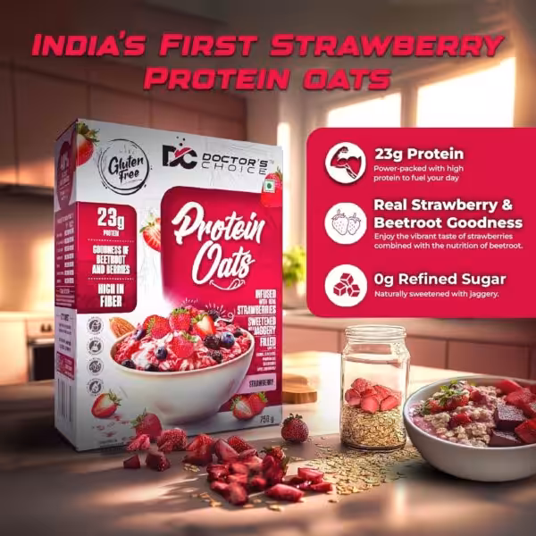 Doctor's Choice Strawberry Protein Oats: 23g protein, real strawberry and beetroot, 0g refined sugar, gluten-free