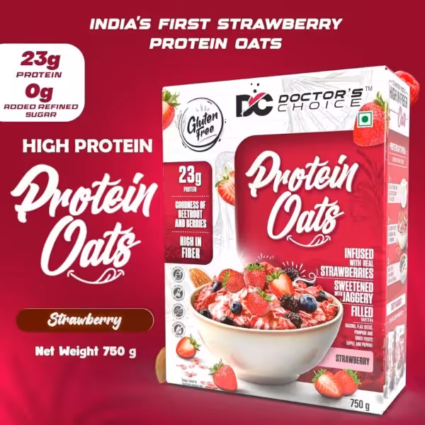 Doctor's Choice Strawberry Protein Oats: 23g protein, 0g added refined sugar, gluten-free, high fiber, sweetened with jaggery